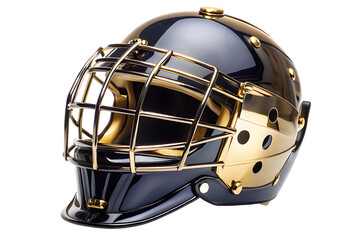 Fototapeta premium Glossy black and gold hockey goalie mask with metal cage, cutout, PNG isolated on white or transparent background