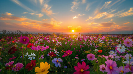 A vast field of flowers stretches as far as the eye can see, bursting with vibrant colors.