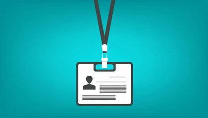 A graphic illustration of an identification card or badge with a lanyard, against a teal background.