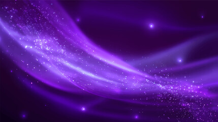 A vibrant abstract background featuring flowing waves of purple light with sparkling stars