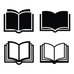 Four simple black and white book icons representing open literature and knowledge for educational purposes silhouette