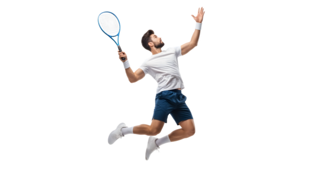 tennis player serving with racquet in white studio action sports lifestyle view Jumping male - Powered by Adobe