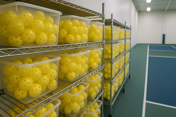 racks with containers full of pickleball balls