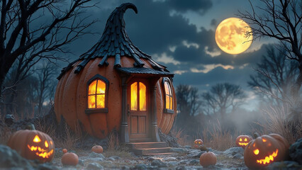 Whimsical Pumpkin House Under a Full Moon With Warm Glow, Halloween Night Scene