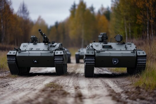 Military tanks on a dirt road surrounded by autumn trees in a forested area - Powered by Adobe