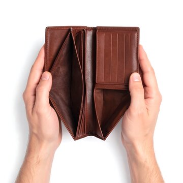 A pair of hands holding open an empty brown leather wallet against a white background. The wallet is completely devoid of its contents