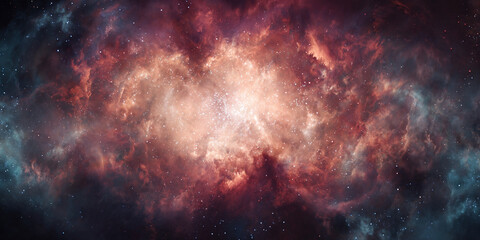 Obraz premium Red cosmic nebula galaxy with bright stars astronomy background - AI generated