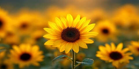 Obraz premium Bright and Cheerful Sunflower Surrounded by a Vibrant Field of Yellow Blooms in a Soft Focus Atmosphere with Sunlit Background