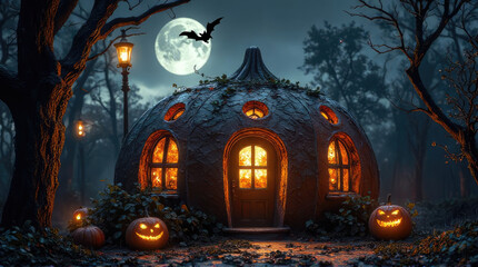 Haunted Pumpkin House With Glowing Windows Under Full Moon For Halloween Scene