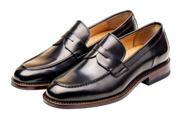 Pair of classic black leather penny loafers with stitched detailing and wooden heel, cutout, PNG isolated on white or transparent background