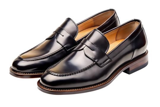 Pair of classic black leather penny loafers with stitched detailing and wooden heel, cutout, PNG isolated on white or transparent background