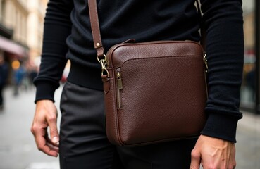 Woman carrying a brown leather shoulder bag on city street