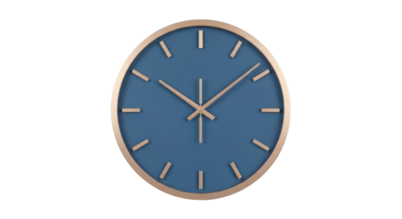 Isolated clock shows the time five o'clock, with a golden rim on a muted blue face