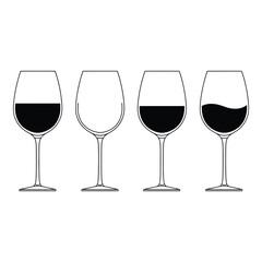Four wine glasses showing different levels of red wine and one empty offering a visual study silhouette