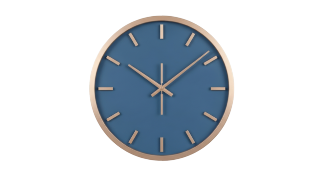 Isolated clock shows the time five o'clock, with a golden rim on a muted blue face