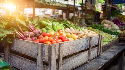 crate. Fresh vegetables neatly arranged in a rustic wooden crate with natural sunlight. menu design, packaging mockups, designed for food delivery and cloud-kitchen brand materials.
