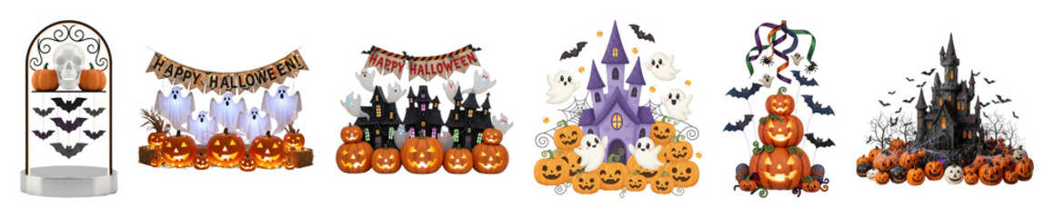 Halloween decoration set including ghosts, pumpkins, castles, bats, and banners isolated. Spooky season design elements.