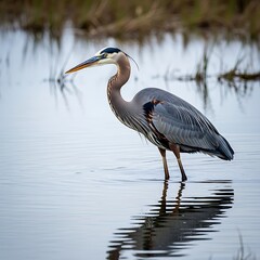 Great Blue Heron in Shallow Water - A Focused Wildlife Portrait.