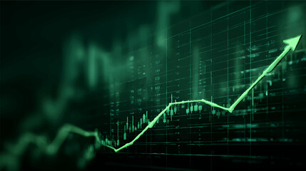 A stylized green upward arrow on a dark grid background, symbolizing growth and success in finance or business
