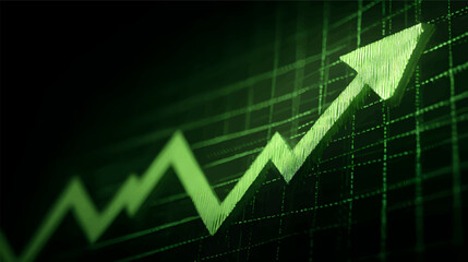 A stylized green upward arrow on a dark grid background, symbolizing growth and success in finance or business