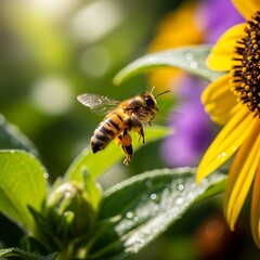 Honeybee in Flight Near Sunflower Pollinating in a Garden.