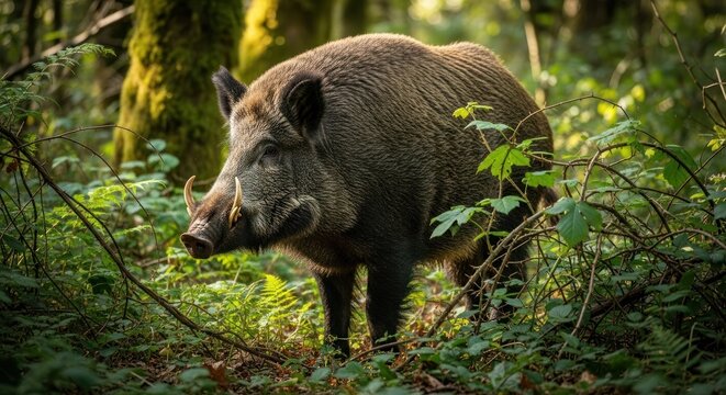 Majestic Wild Boar Portrait: Forest Dweller in Natural Habitat, Close-Up Detail