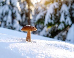 A lone mushroom stands tall on a snowy ground, with blurred evergreen trees and sunlight in the background