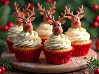 Festive Christmas reindeer cupcakes on a wooden tray. A delicious holiday dessert with vanilla cream frosting, perfect for a winter celebration party. Seasonal sweet food concept.