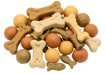 Assorted pet treats in various shapes including bones, fish, and round pellets, isolated on white or transparent background. PNG