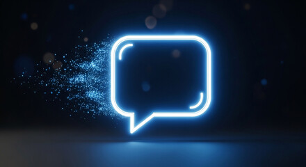 Glowing neon speech bubble with particle trail on dark background, communication and social media concept, modern technology and design