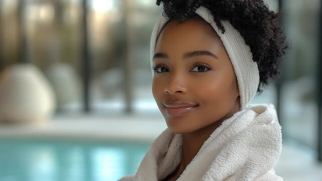 A woman wearing a towel as a makeshift turban, looking relaxed