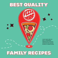 Pizza banner template. Hand drawn piece of fresh pizza as map pin (pointer) on map path. Pizza here sign. Retro vintage design. Best for restaurant menu, delivery flyers. Vector illustration.