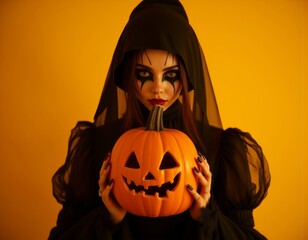 Woman in theatrical costume holding carved pumpkin against yellow background perfect for halloween celebration themes halloween costumes costume illustration holiday cartoon party zombie 