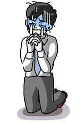 顔面蒼白、号泣、手を組み嘆願する若いサラリーマンのベクターイラスト