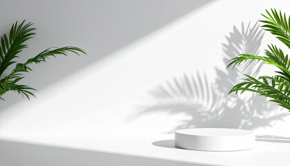 Podium, stand for advertising and product presentation background with plant and shadow on the wall