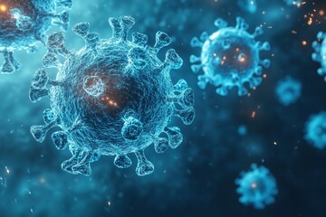 Microscopic 3D rendering of a virus on a blue background highlighting its structure
