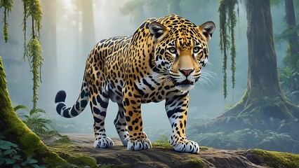A majestic jaguar staring directly into the lens, lush green rainforest in the ba