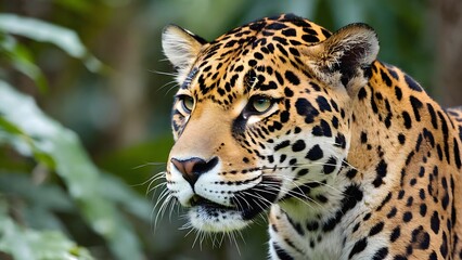 Obraz premium Intimate wildlife portrait of a jaguar’s face framed by jungle leaves, crystal