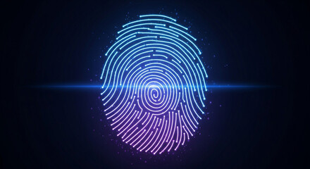 Glowing fingerprint with blue and purple light on a dark background, representing biometric identification and digital security technology concept