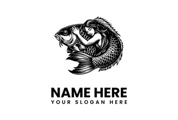 Black and white vintage style illustration featuring a mythological siren or mermaid embracing a large fish, representing the depths of ocean mystery and mythical aquatic power