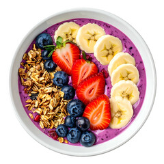 A vibrant, healthy breakfast bowl with colorful berries, granola, and sliced fruit