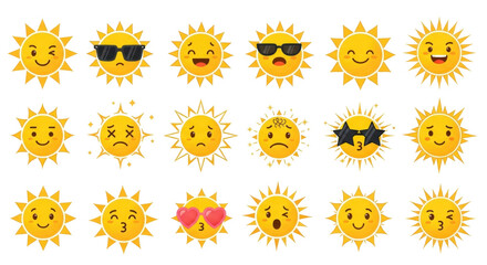 Isolated set of various sun emojis representing different moods and expressions icons