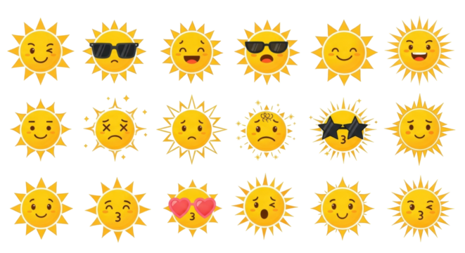 Isolated set of various sun emojis representing different moods and expressions icons