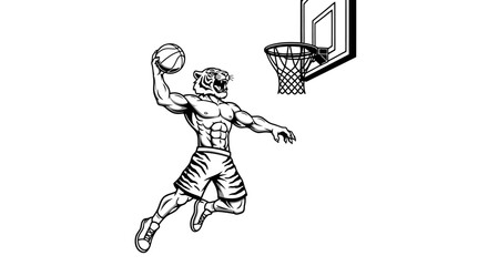 A tiger-headed muscular figure in shorts leaps towards a basketball hoop, holding a ball ready to dunk.