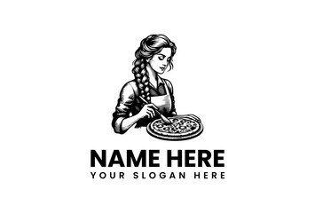 Fototapeta premium Black and white illustration of a woman with braided hair wearing an apron and eating pasta