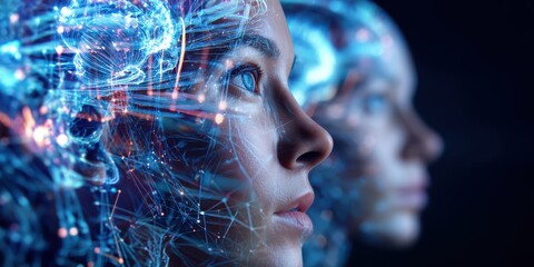 A futuristic representation of digital human faces intertwined with glowing circuitry, symbolizing the fusion of technology and humanity.