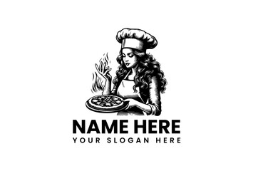 Classic emblem featuring a woman cook in a chef hat presenting a freshly baked pizza, retro style vector logo design for an Italian food business