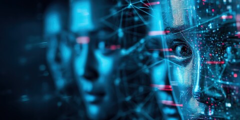 Abstract digital art depicting faces with a network of lines and glowing elements, representing artificial intelligence and technology.
