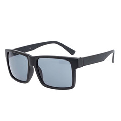 Rectangular black sunglasses angled on a dark background, offering a stylish and modern look