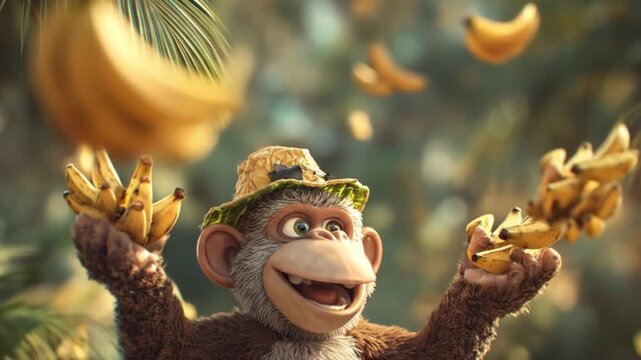 Playful cartoon monkey harvesting bananas surrounded by lush greenery